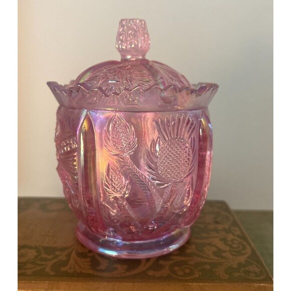 Fenton Iridescent Dusty Rose Cactus Pattern Glass Lidded Jar - Picture 3 of 3